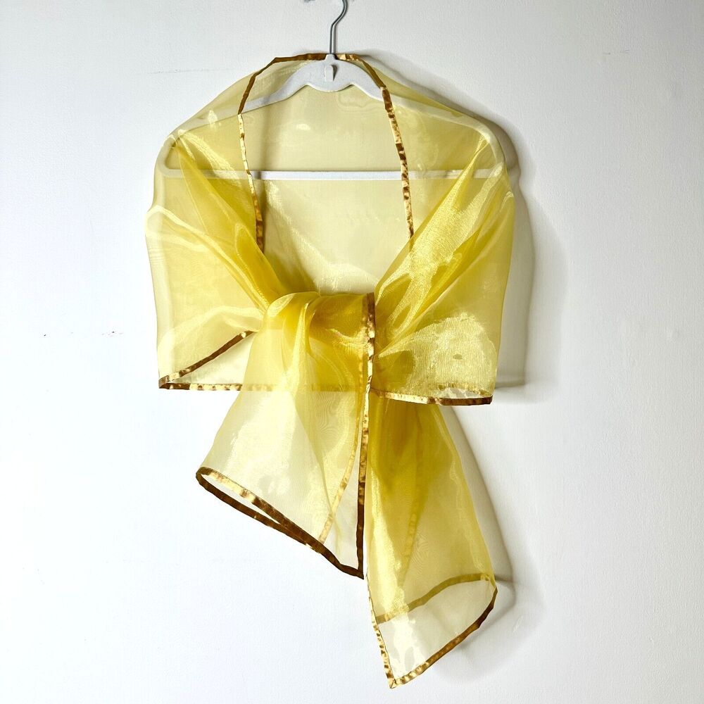Unbranded Sheer Yellow Scarf Stole Wrap Gold Trimmed 18" x  74" Shimmery Sheer - Picture 2 of 4